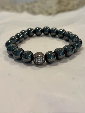 Hematite Beaded Bracelet with Pave Accent Bead - Dark Gray